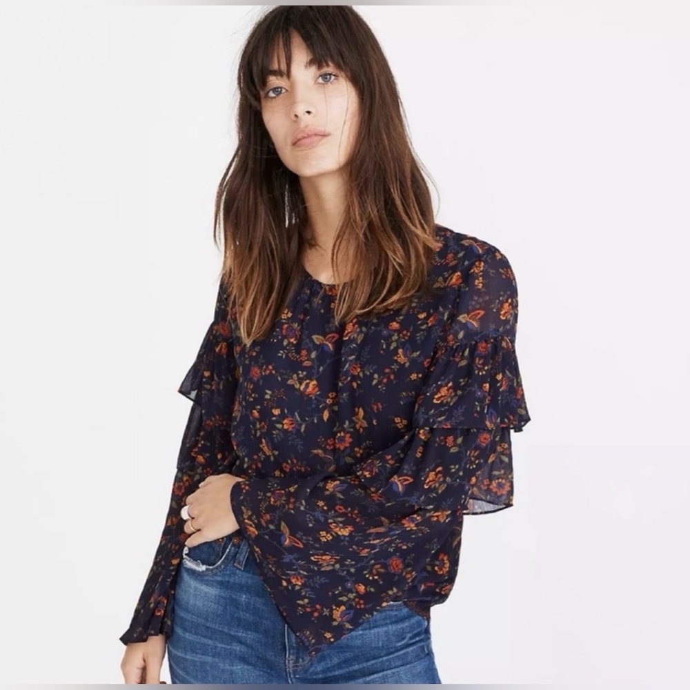 Madewell Navy Blue Floral Vine-Moonless Blouse with Ruffle Sleeves Size: Small